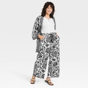 Knox Rose Sz Large Pants Wide Leg Black White Floral Boho Stylish NWT